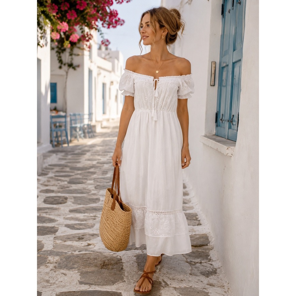 Off-Shoulder White Midi Dress with Eyelet Trim